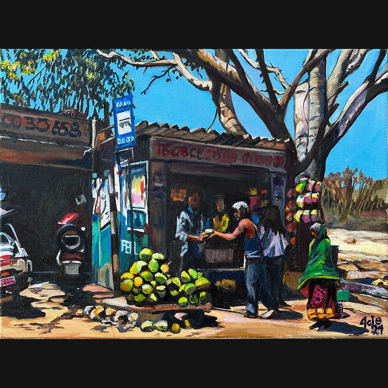 Bus Stop Market Oil Painting